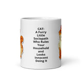 CAT: CAT: A Furry Little Sociopath Who Rules Your Household and Looks Innocent While Doing It White Glossy Mug