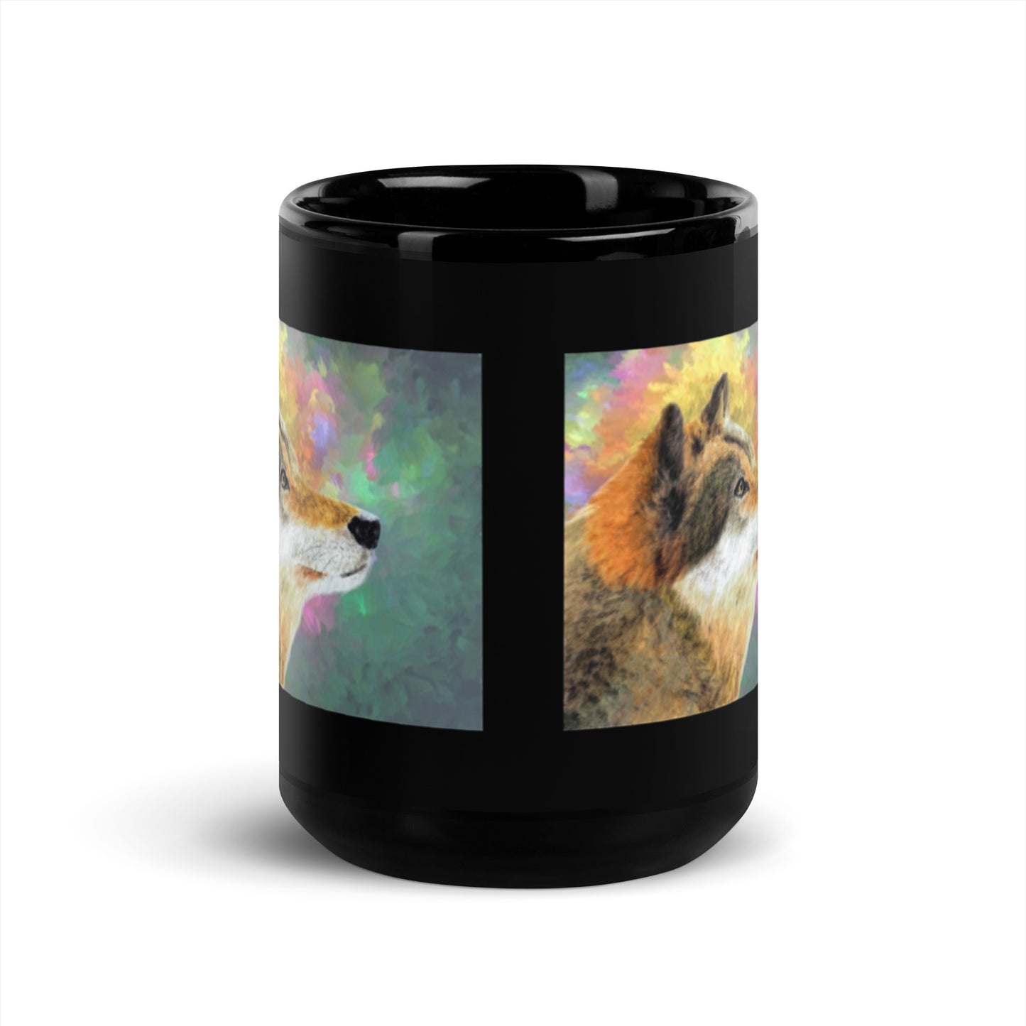Colorful Lone Wolf Design Black Glossy Mug
