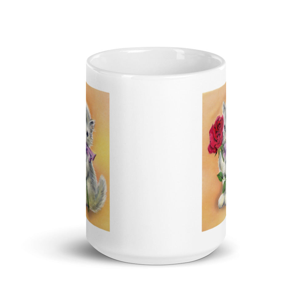 Kitten with Red Rose Design White Glossy Mug