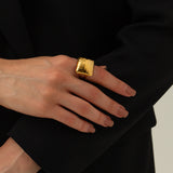 Stainless steel hammer patterned square open ring for women's hand jewelry