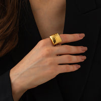 Stainless steel hammer patterned square open ring for women's hand jewelry