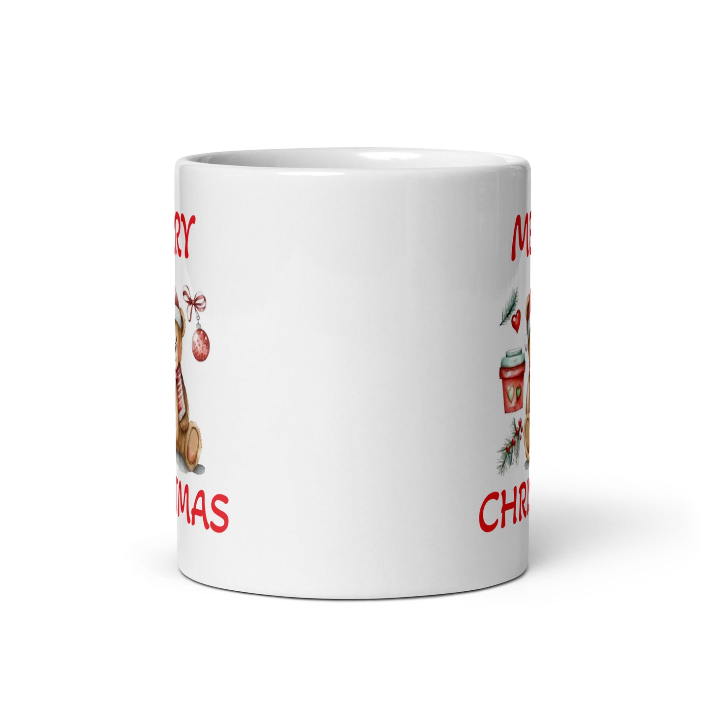 Merry Christmas Teddy Bear White Glossy Coffee Mug