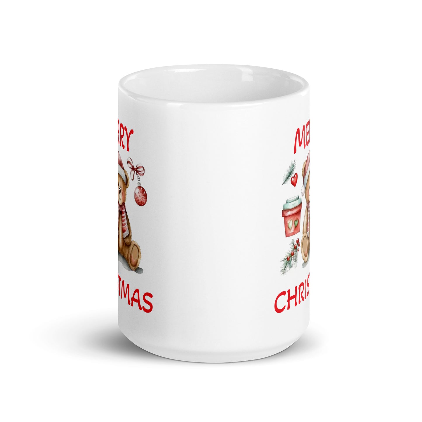 Merry Christmas Teddy Bear White Glossy Coffee Mug