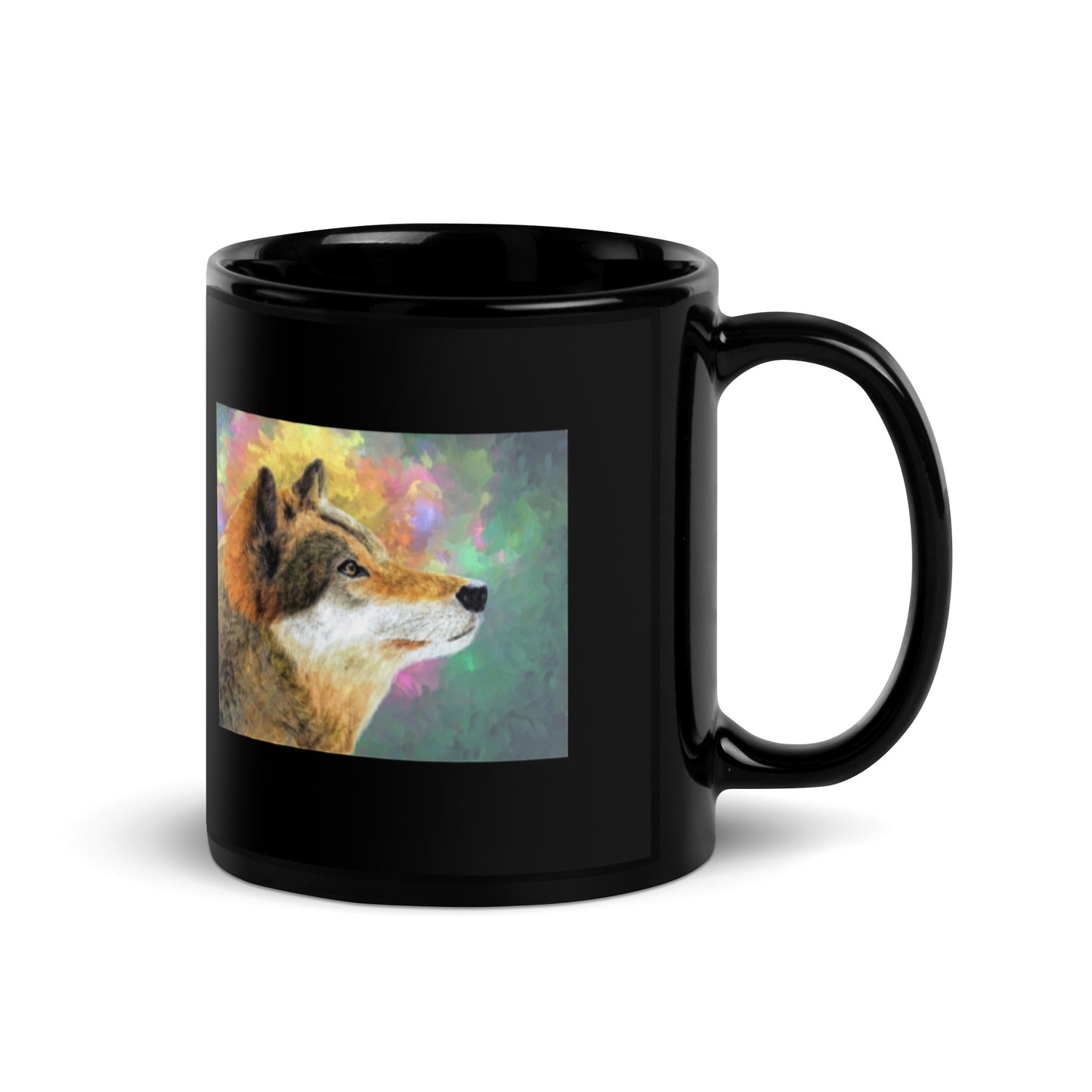 Colorful Lone Wolf Design Black Glossy Mug