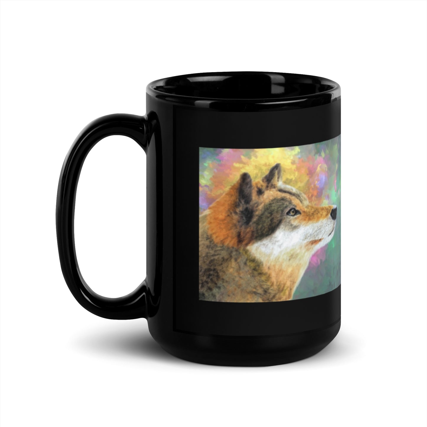Colorful Lone Wolf Design Black Glossy Mug