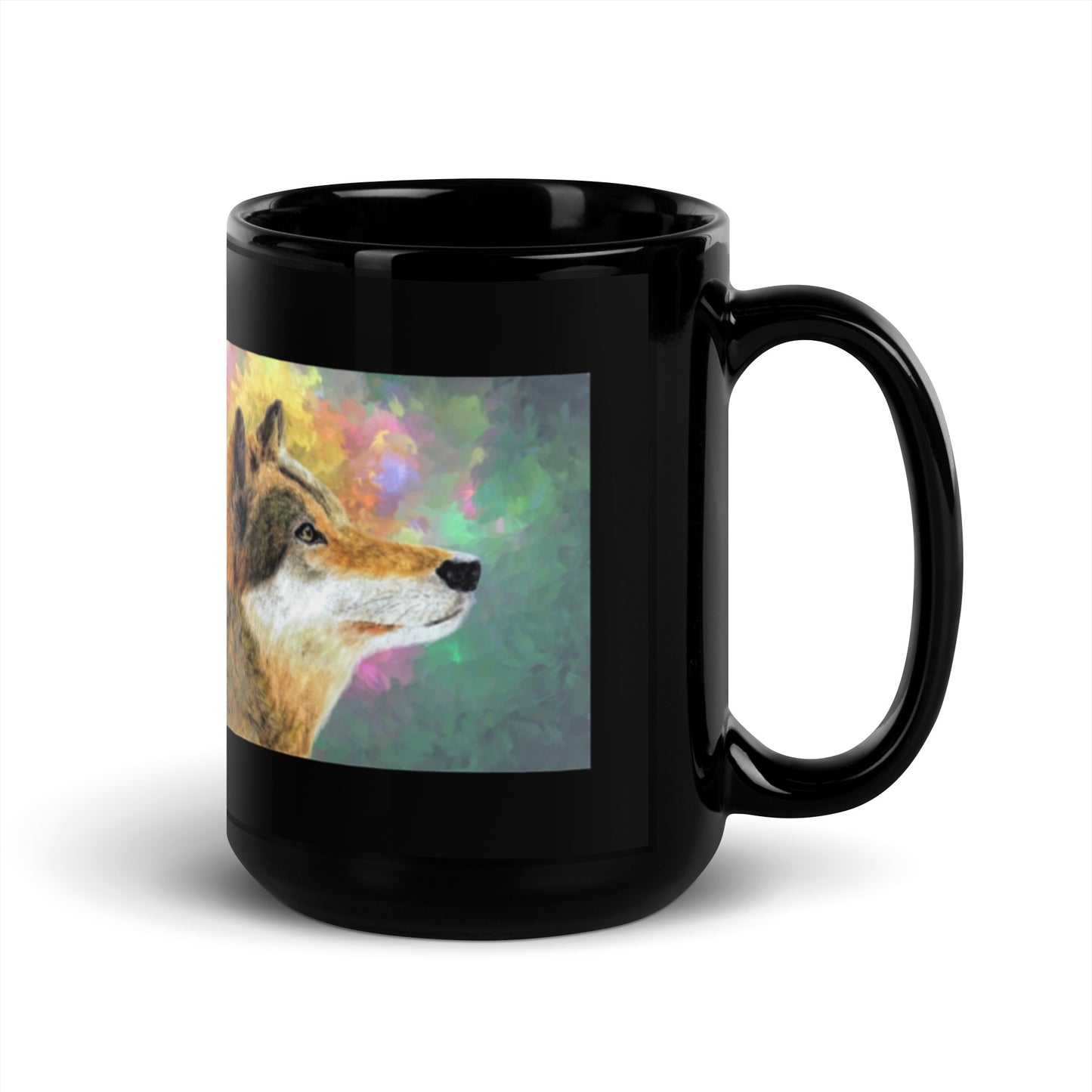 Colorful Lone Wolf Design Black Glossy Mug