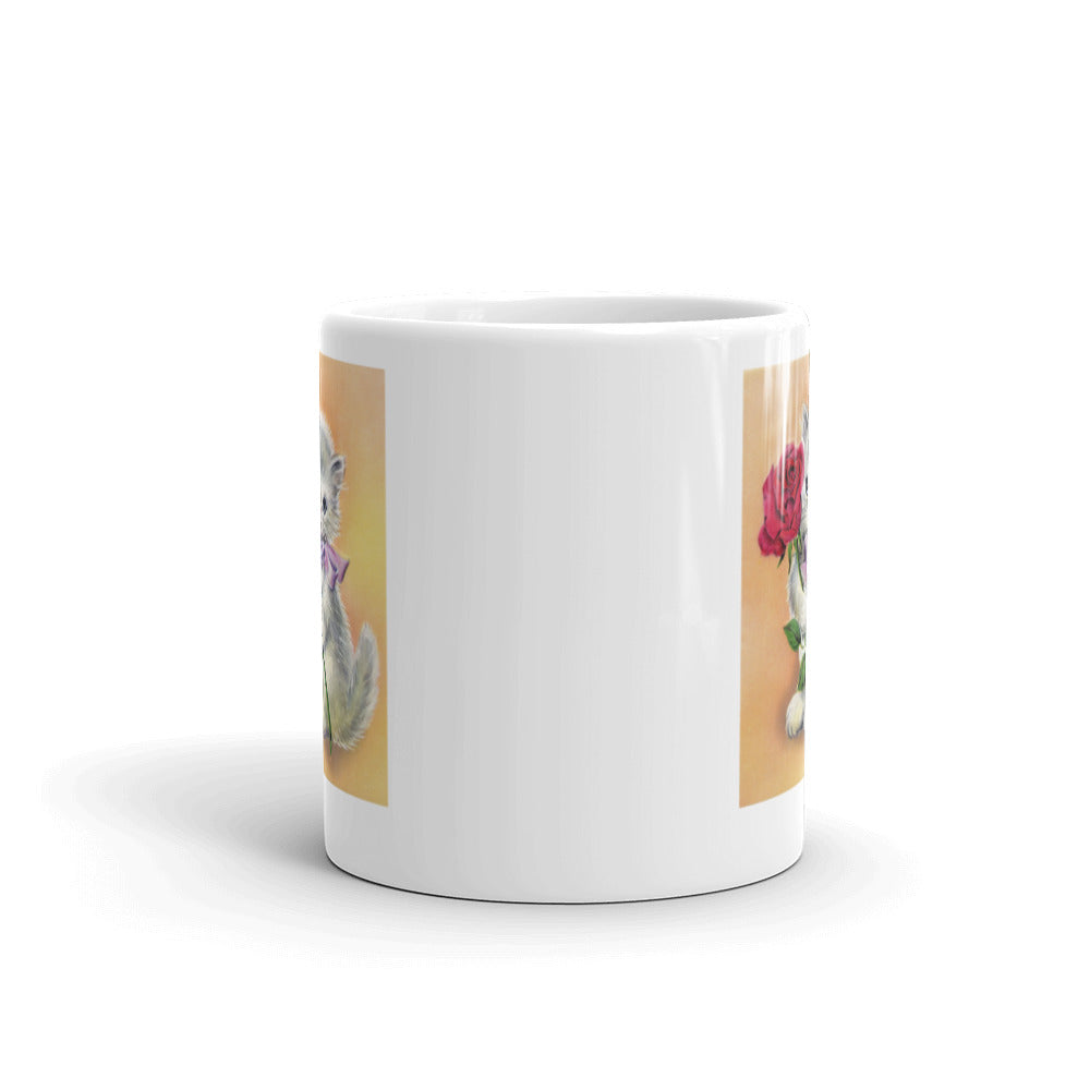 Kitten with Red Rose Design White Glossy Mug