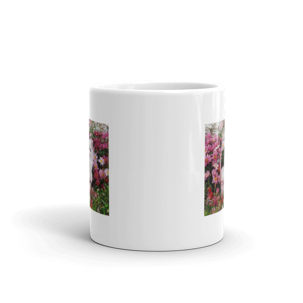 Two Kittens in Basket of Flowers White Glossy Mug