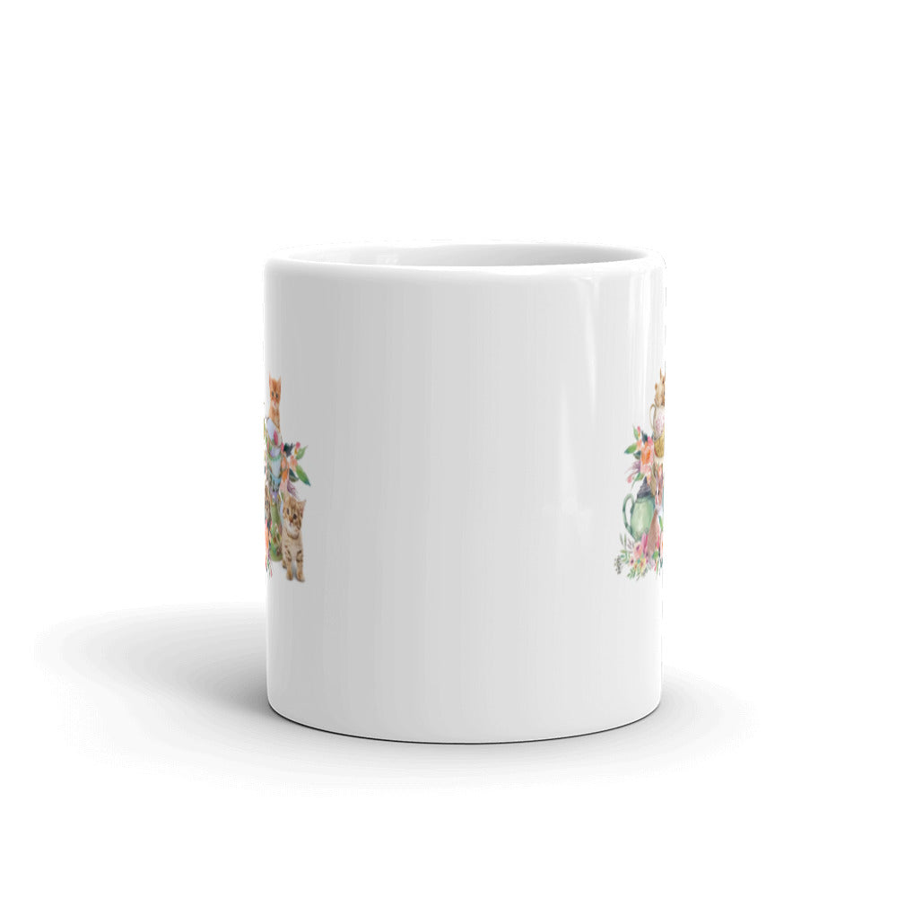 Kittens in Flowers Design White Glossy Mug