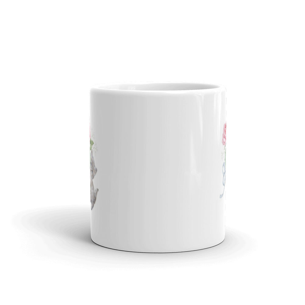 Kitten with Pink Rose Design White Glossy Mug