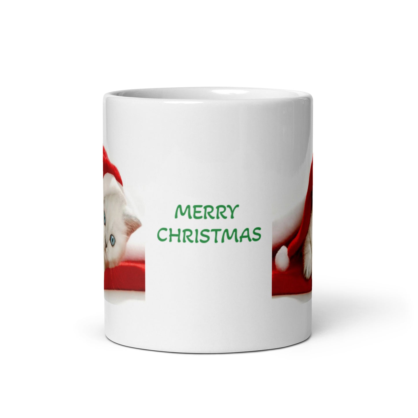 Merry Christmas with White Kitten White Glossy Mug