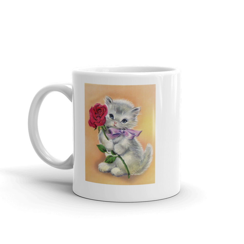 Kitten with Red Rose Design White Glossy Mug
