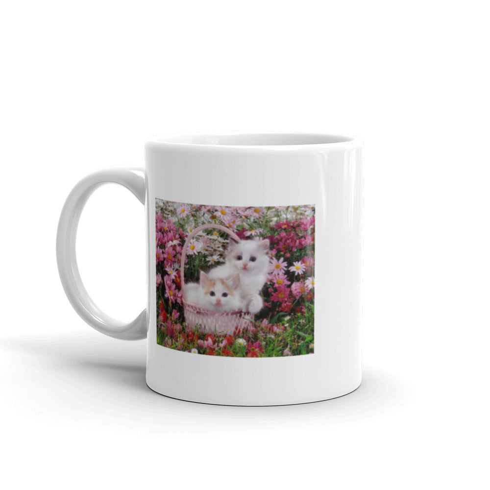 Two Kittens in Basket of Flowers White Glossy Mug