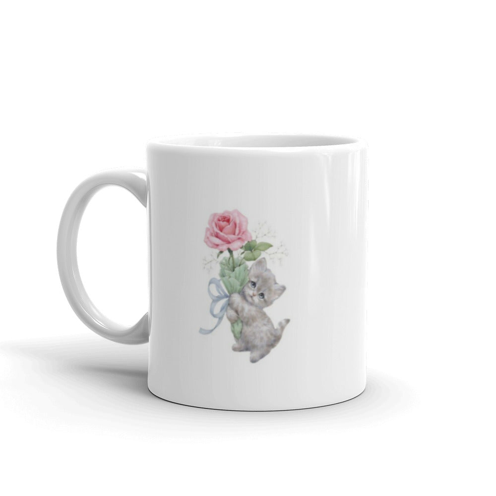 Kitten with Pink Rose Design White Glossy Mug
