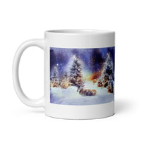Pine Trees in Snow with Deer White Glossy Mug