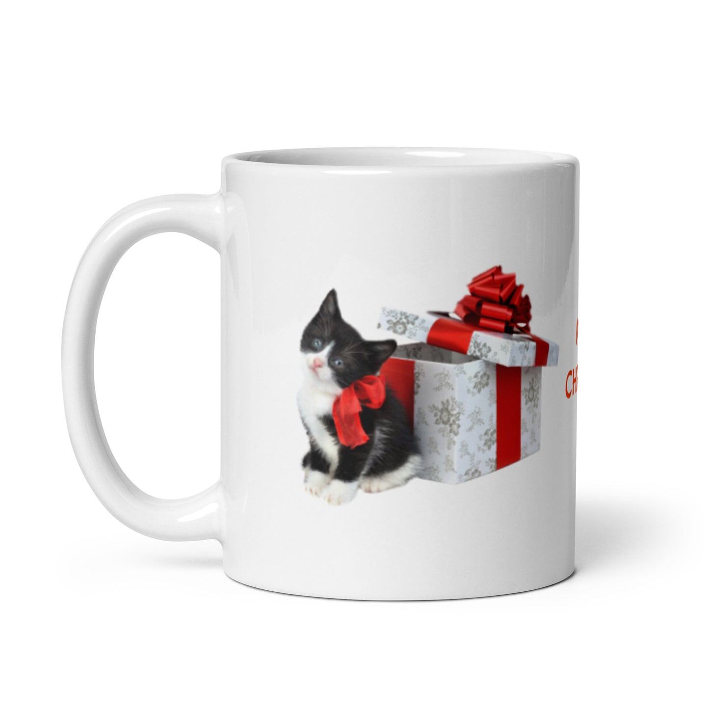 Holiday Merry Christmas with Kitten White Glossy Mug
