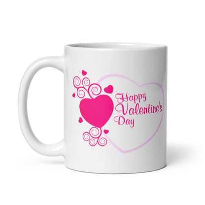 Happy Valentine Day White Glossy Mug with Hearts