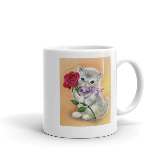 Kitten with Red Rose Design White Glossy Mug