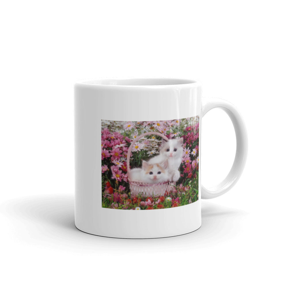 Two Kittens in Basket of Flowers White Glossy Mug