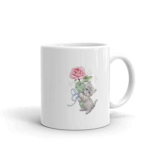 Kitten with Pink Rose Design White Glossy Mug