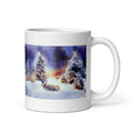 Pine Trees in Snow with Deer White Glossy Mug