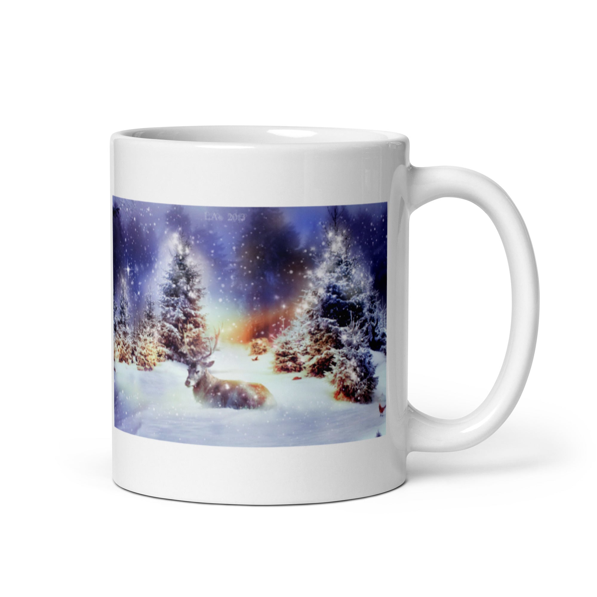 Pine Trees in Snow with Deer White Glossy Mug