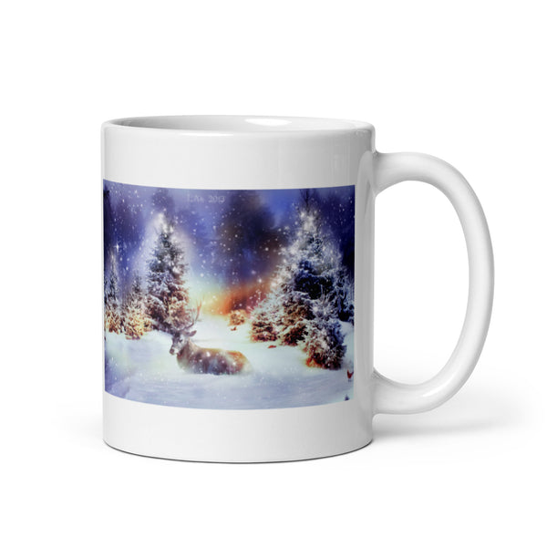 Pine Trees in Snow with Deer White Glossy Mug