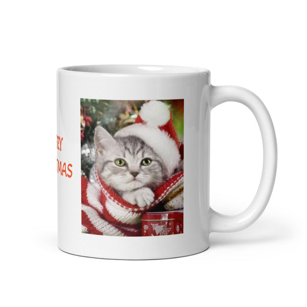 Holiday Kitten Merry Christmas White Glossy Mug