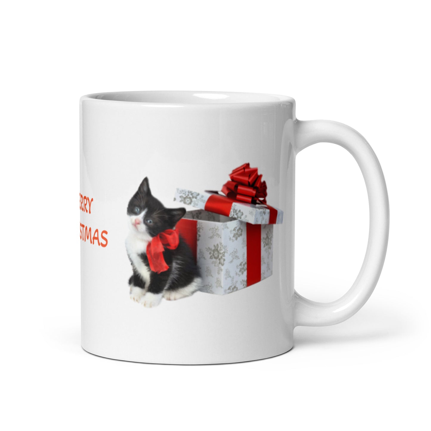Holiday Merry Christmas with Kitten White Glossy Mug