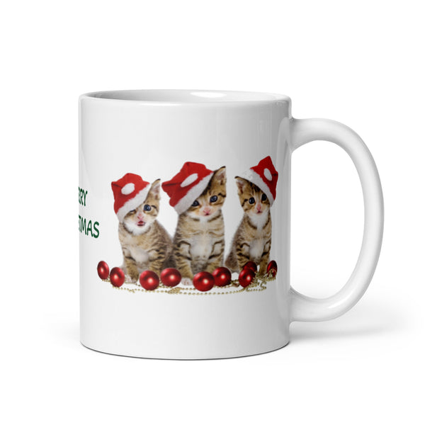 Holiday Merry Christmas Three Kittens White Glossy Mug