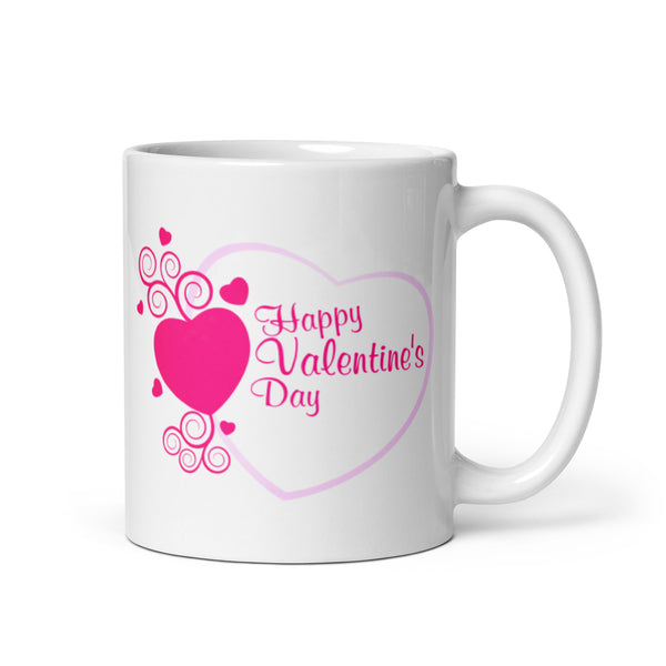 Happy Valentine Day White Glossy Mug with Hearts