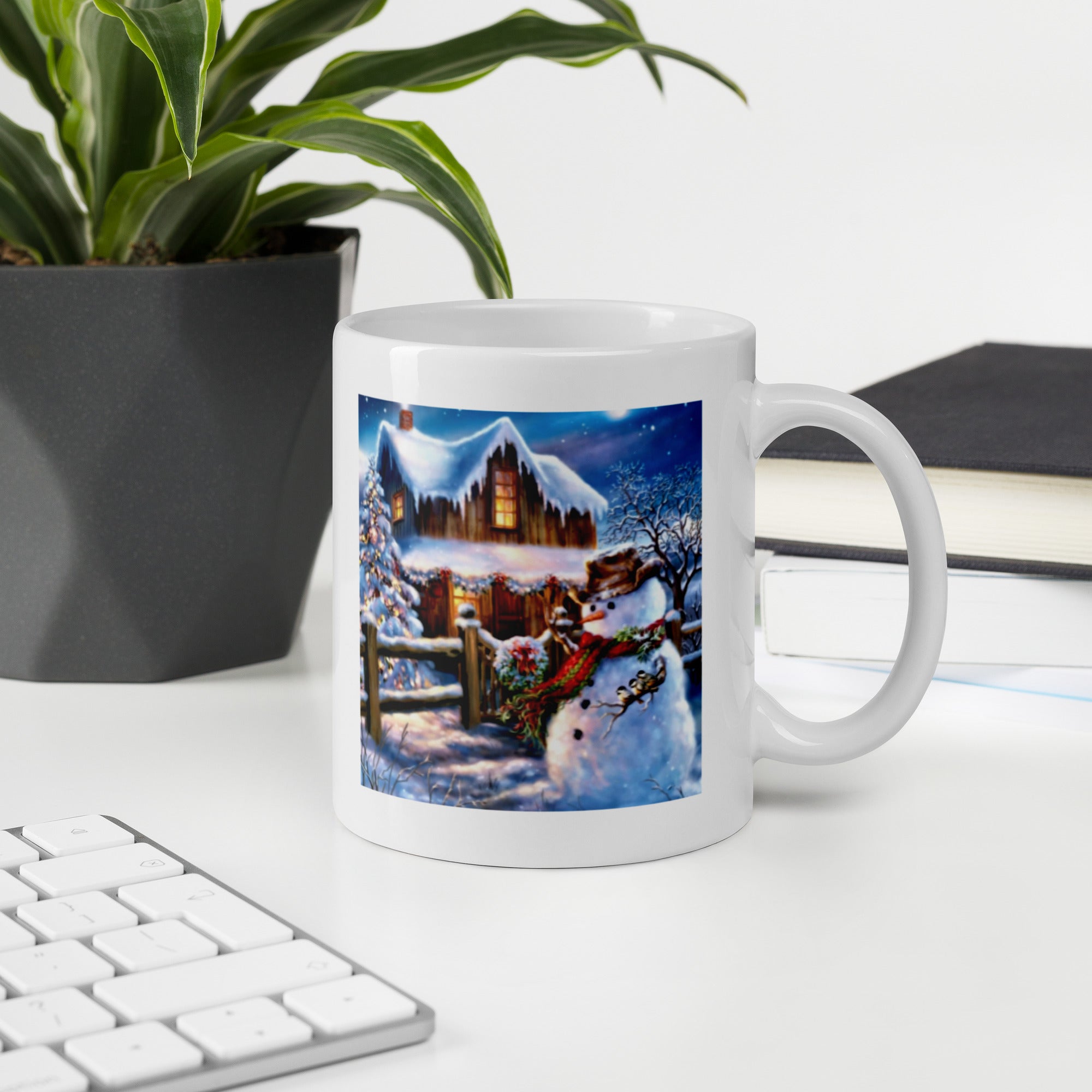 Holiday Merry Christmas with Snowman White Glossy Mug
