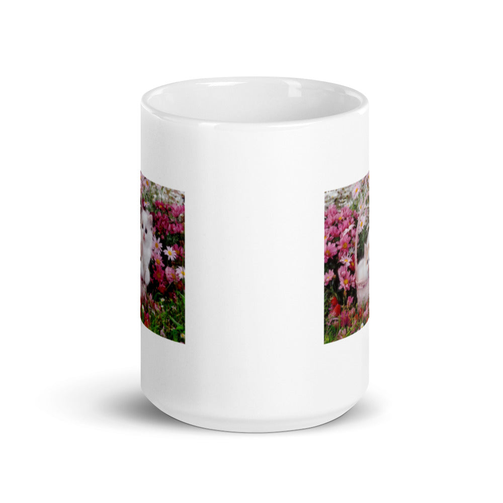 Two Kittens in Basket of Flowers White Glossy Mug