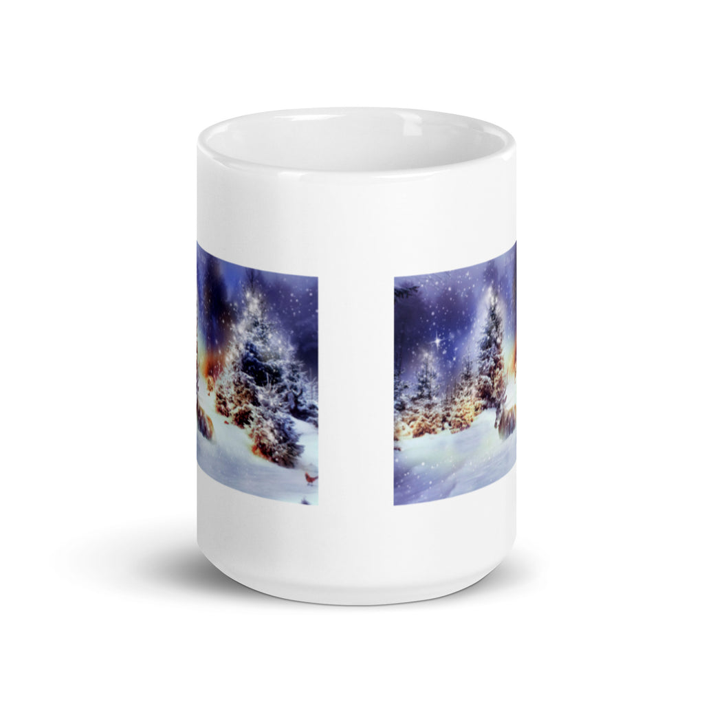 Pine Trees in Snow with Deer White Glossy Mug