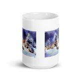 Pine Trees in Snow with Deer White Glossy Mug