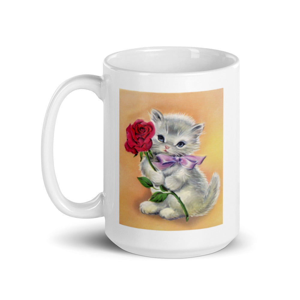 Kitten with Red Rose Design White Glossy Mug
