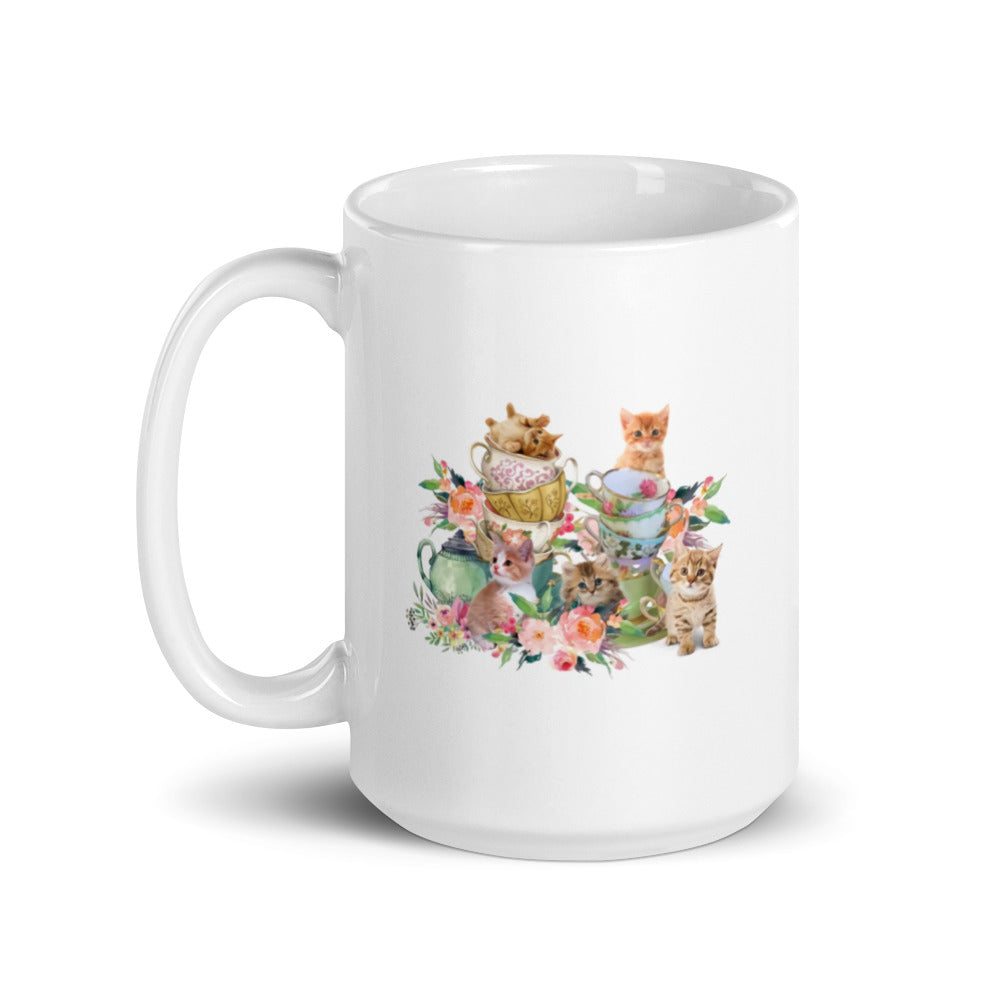Kittens in Flowers Design White Glossy Mug