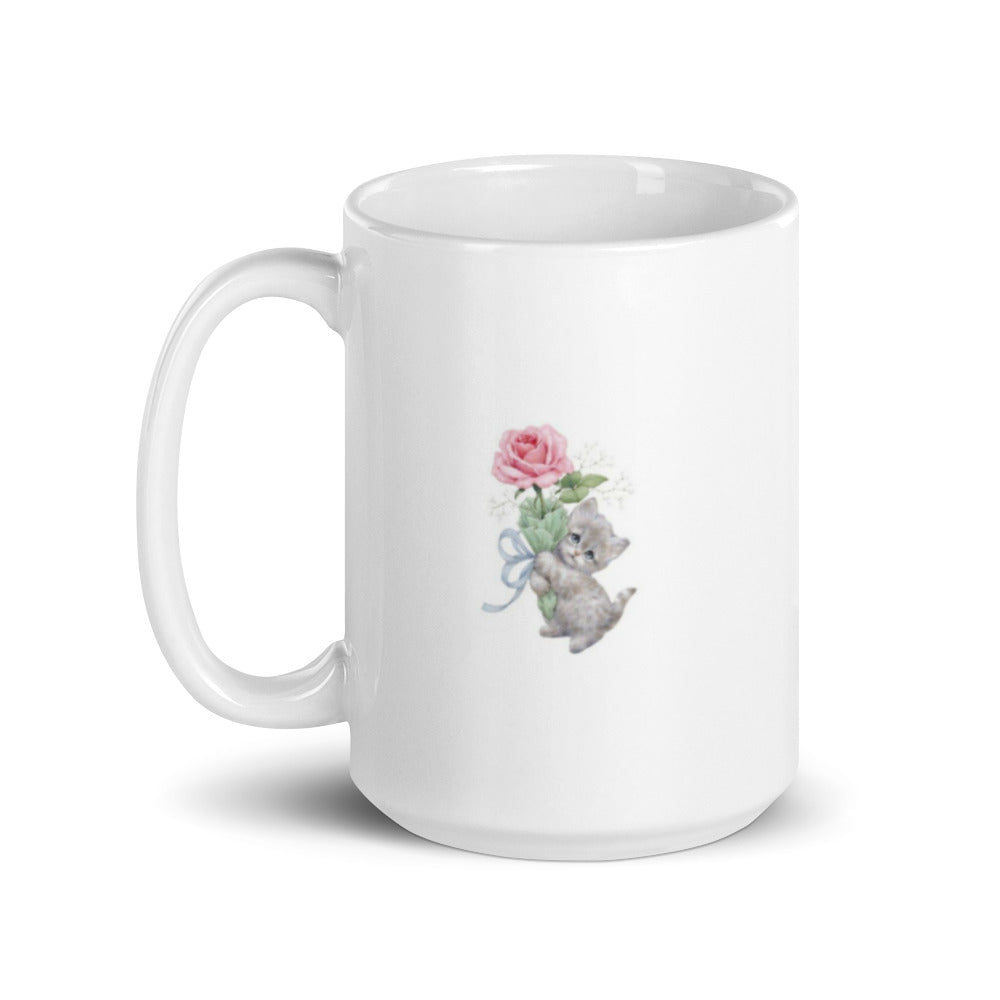 Kitten with Pink Rose Design White Glossy Mug