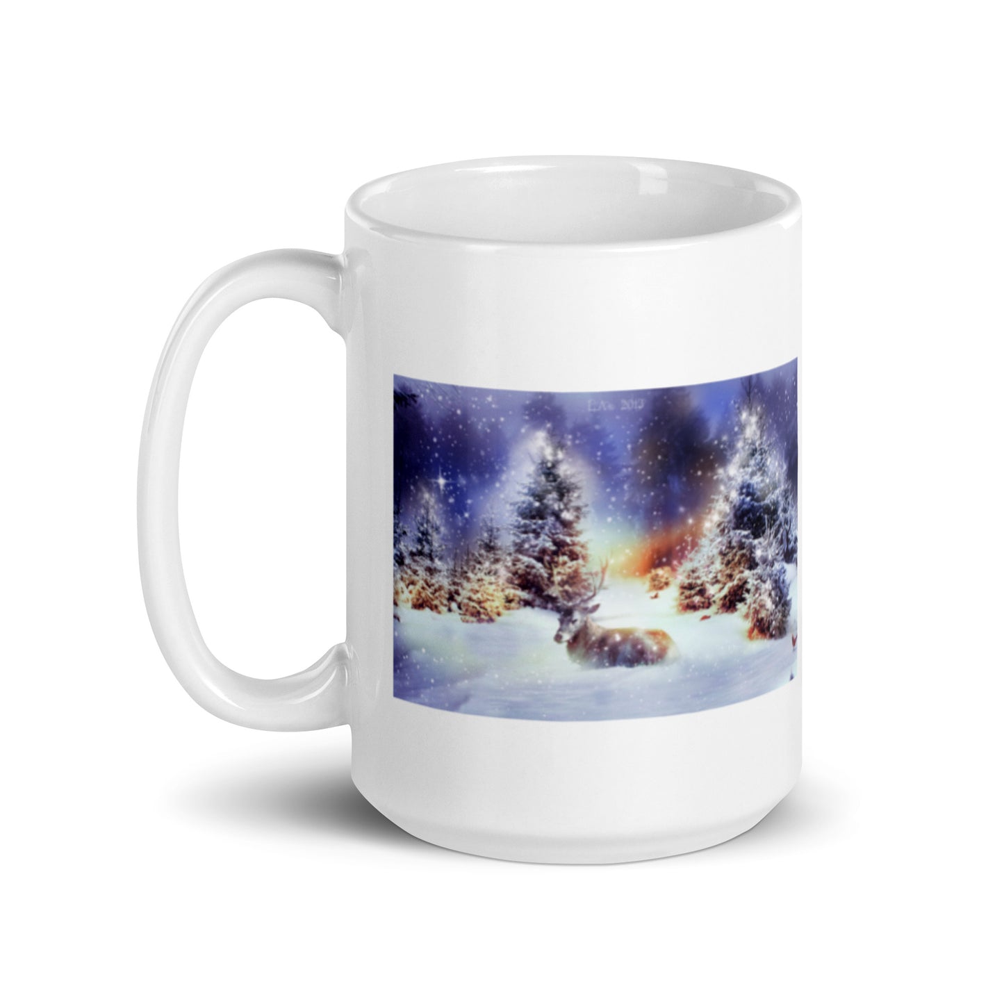 Pine Trees in Snow with Deer White Glossy Mug
