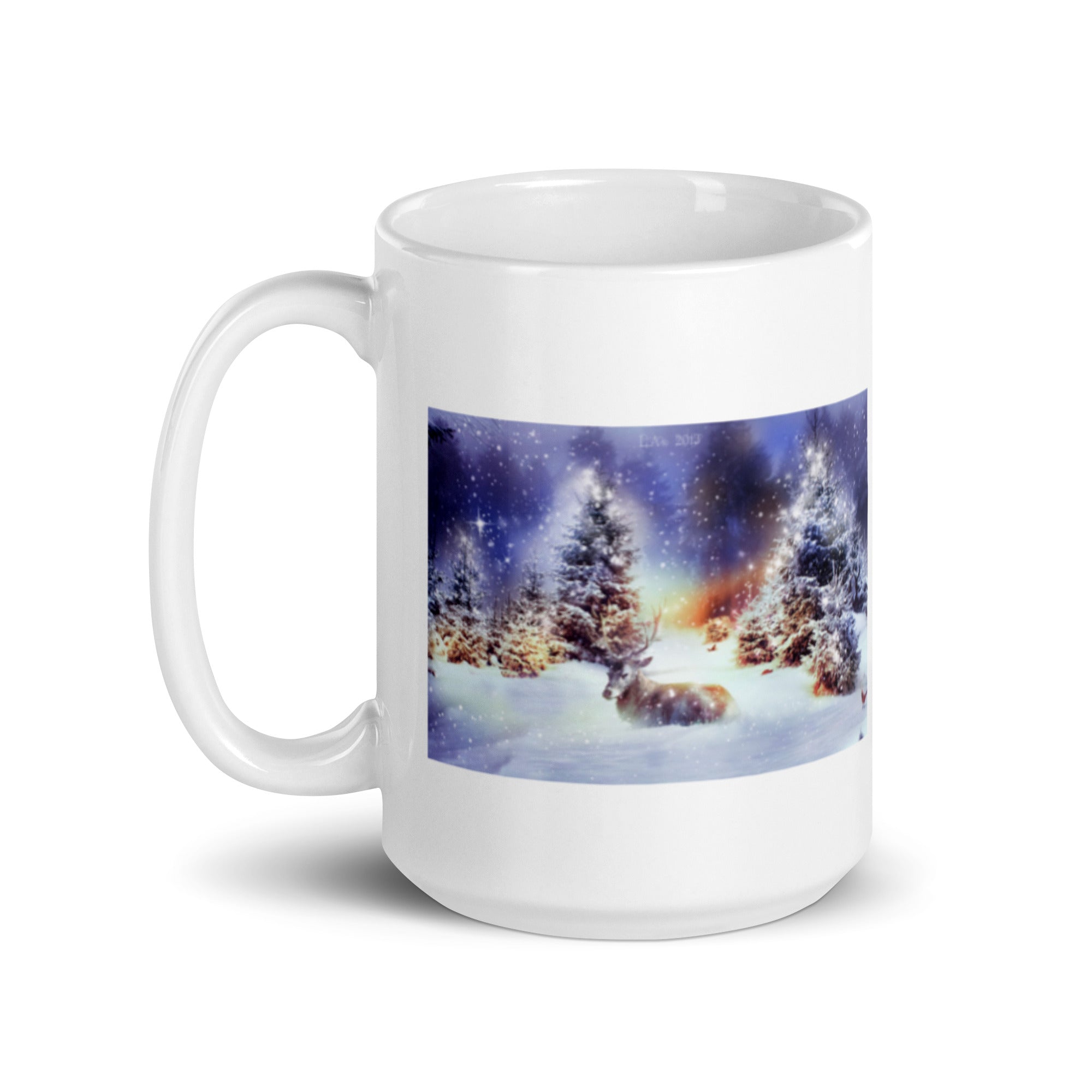 Pine Trees in Snow with Deer White Glossy Mug