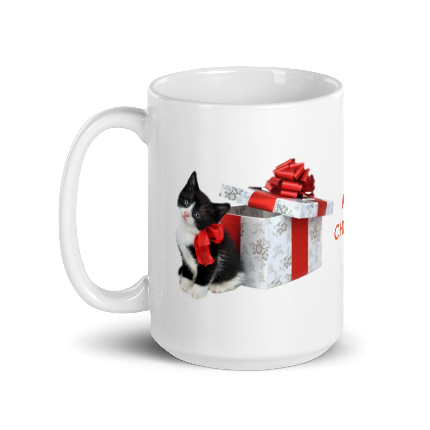 Holiday Merry Christmas with Kitten White Glossy Mug