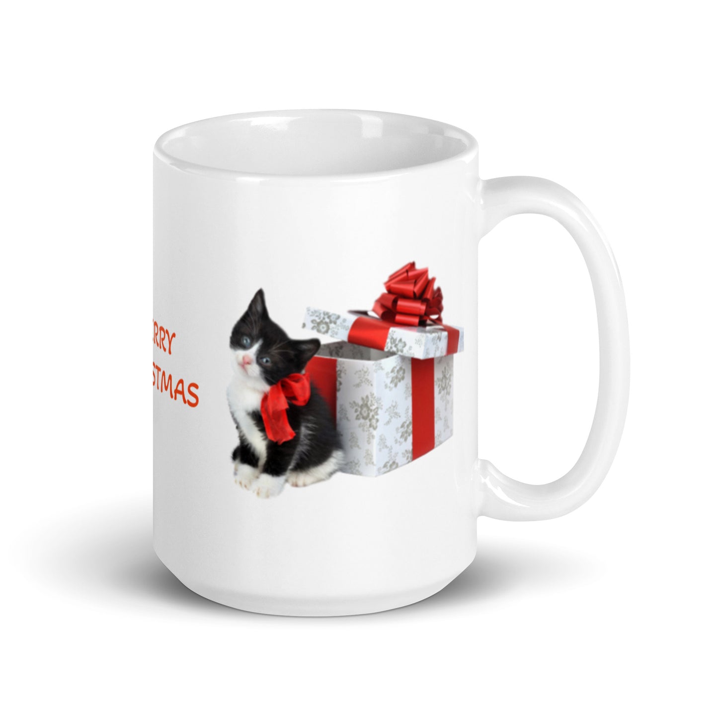 Holiday Merry Christmas with Kitten White Glossy Mug