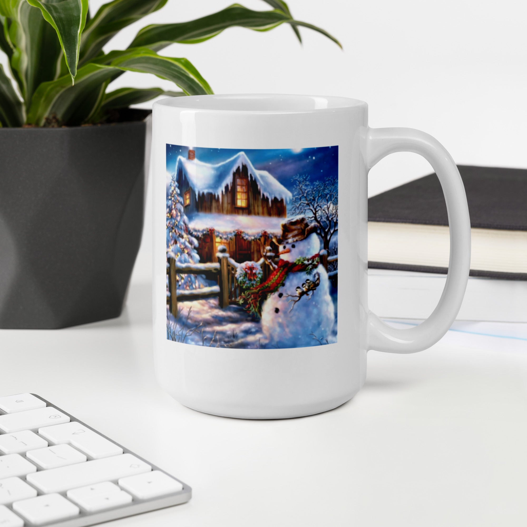 Holiday Merry Christmas with Snowman White Glossy Mug