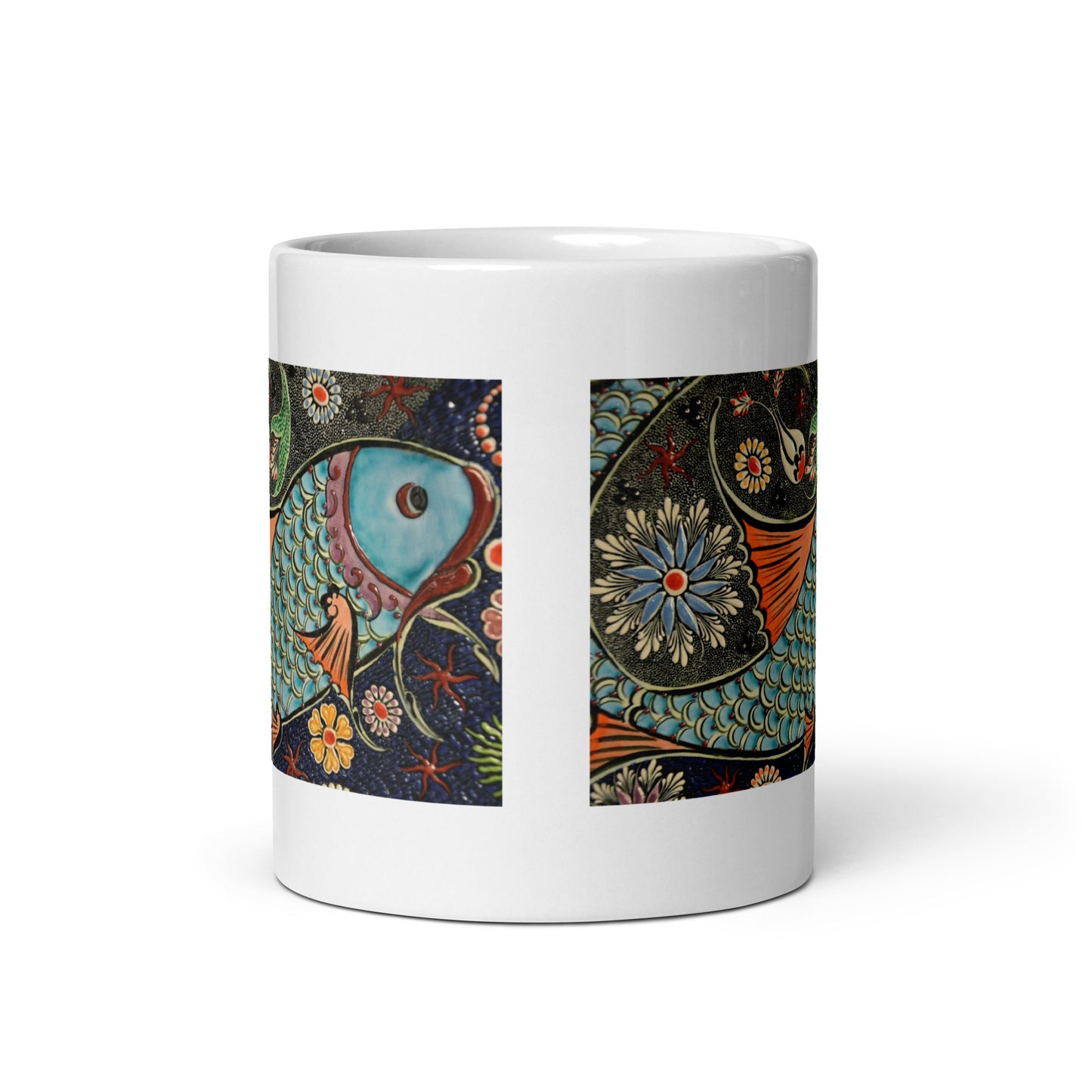 Mosaic Fish Tile Design White Glossy Mug