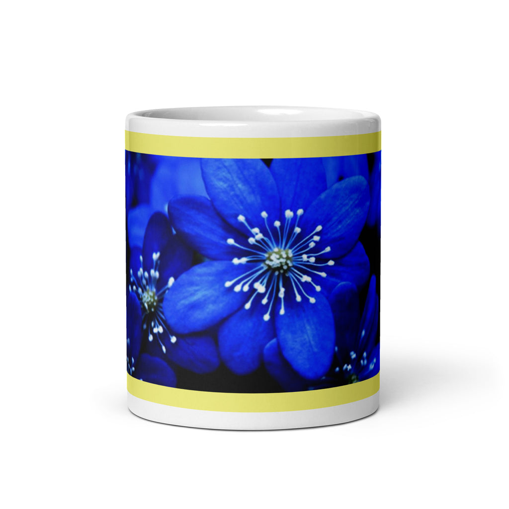 Blue Flower Design White Glossy Coffee Mug