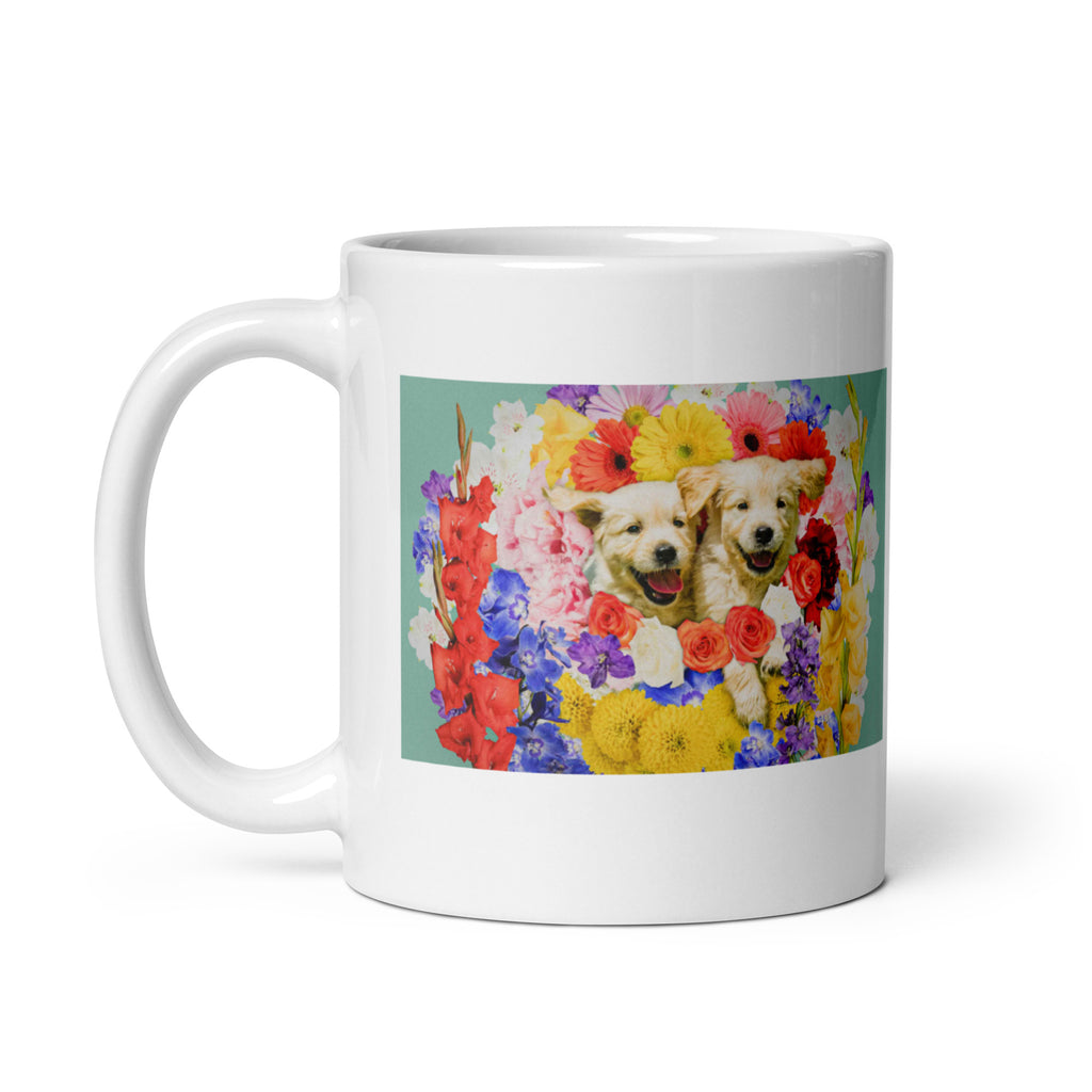 Flower Design with Two Dogs White Glossy Mug
