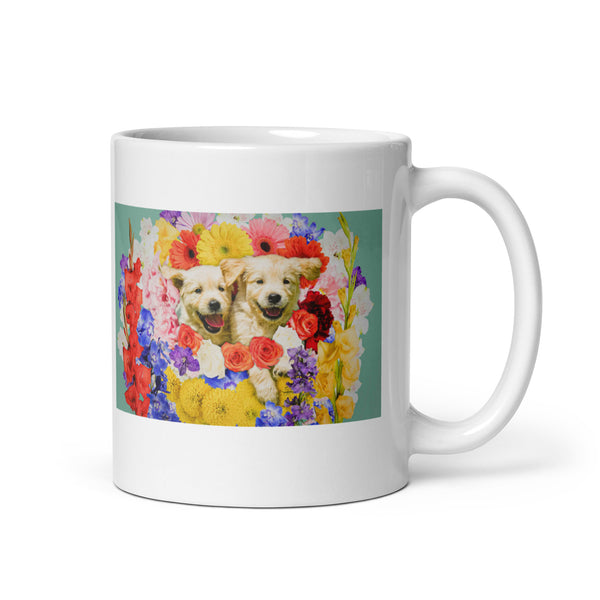 Flower Design with Two Dogs White Glossy Mug