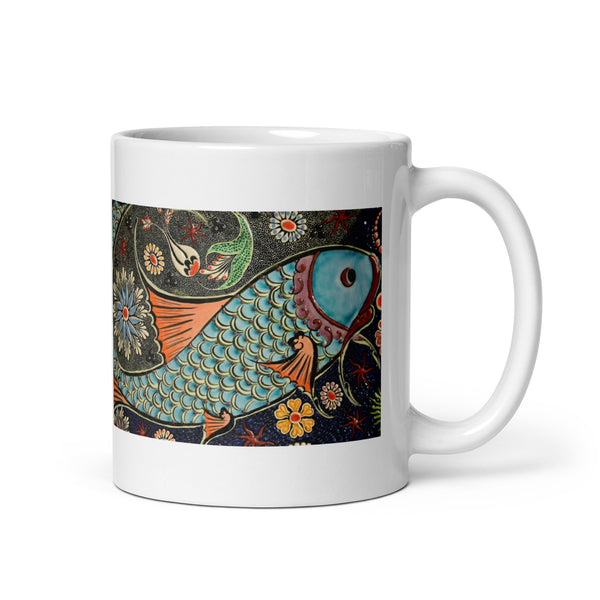Mosaic Fish Tile Design White Glossy Mug