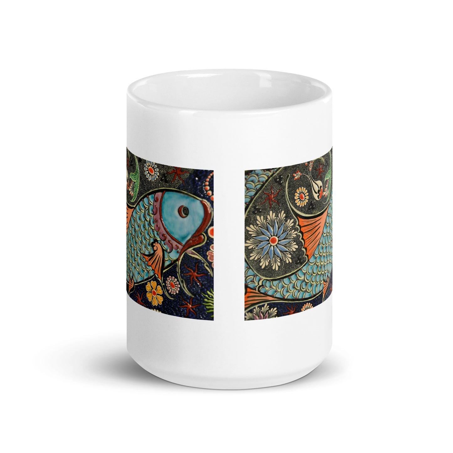 Mosaic Fish Tile Design White Glossy Mug