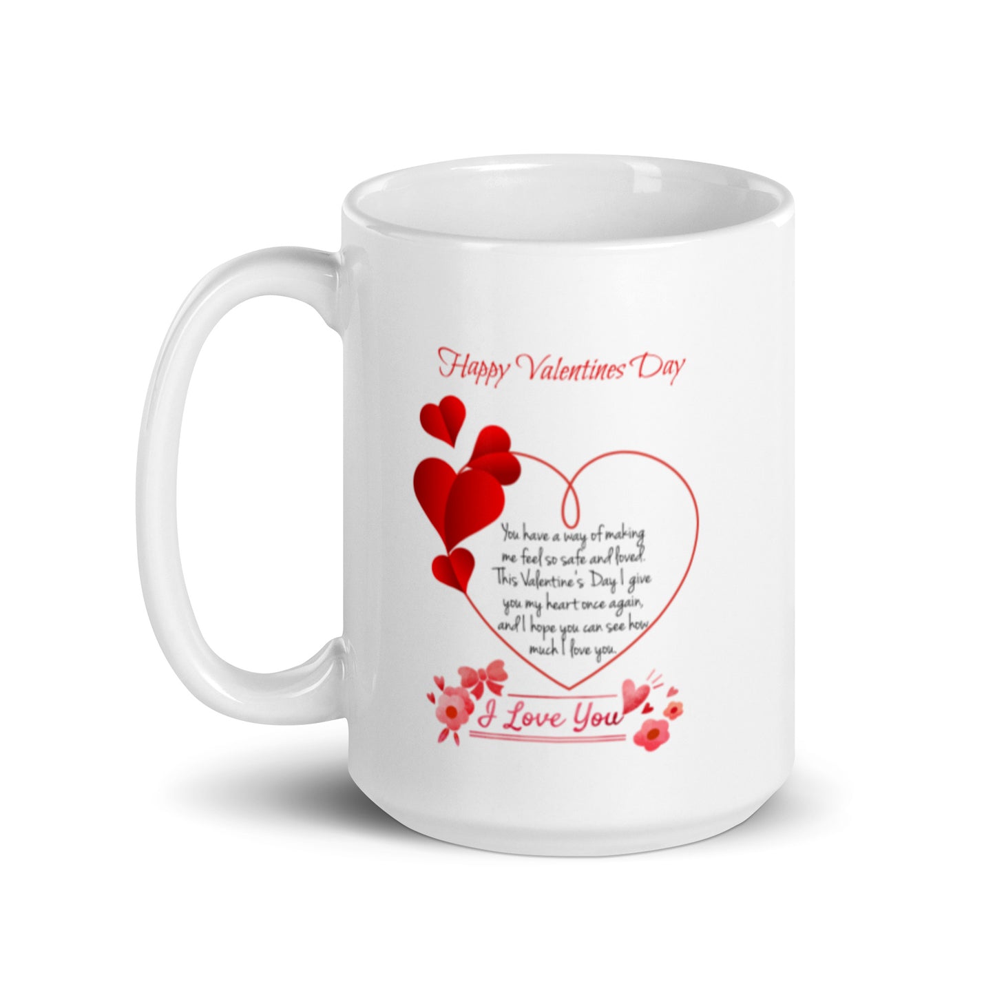 Happy Valentine Day White Glossy Mug with Hearts